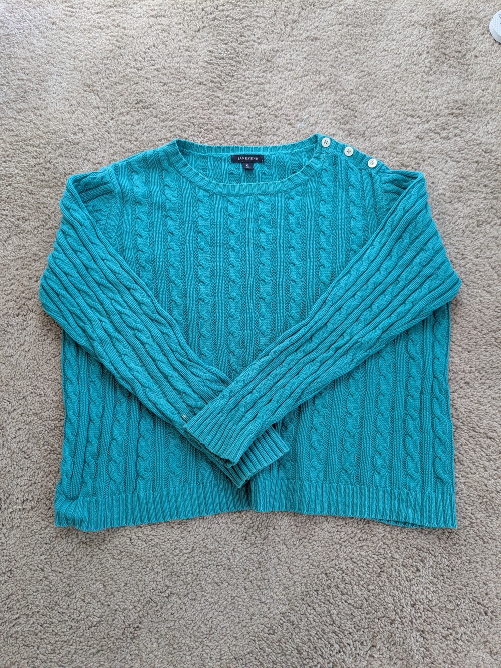 Lands' End Teal Cable-Knit Crewneck Sweater with Shoulder Buttons